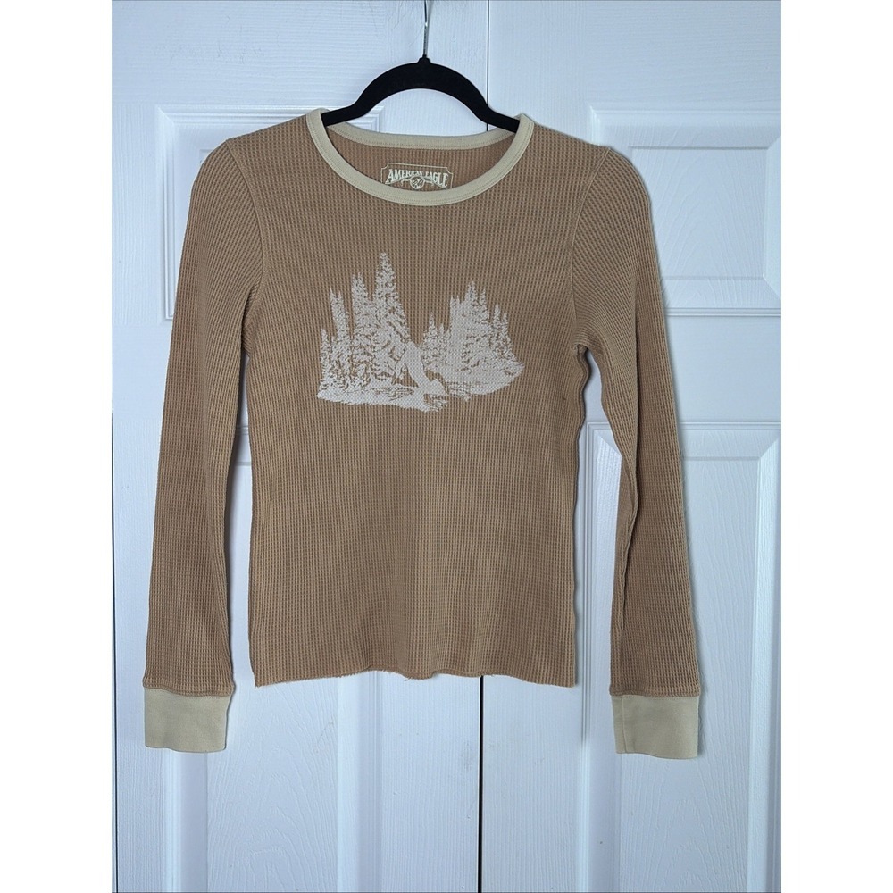 American Eagle Waffle Knit Graphic Thermal Womens Size S Tan Forest Y2K Cotton